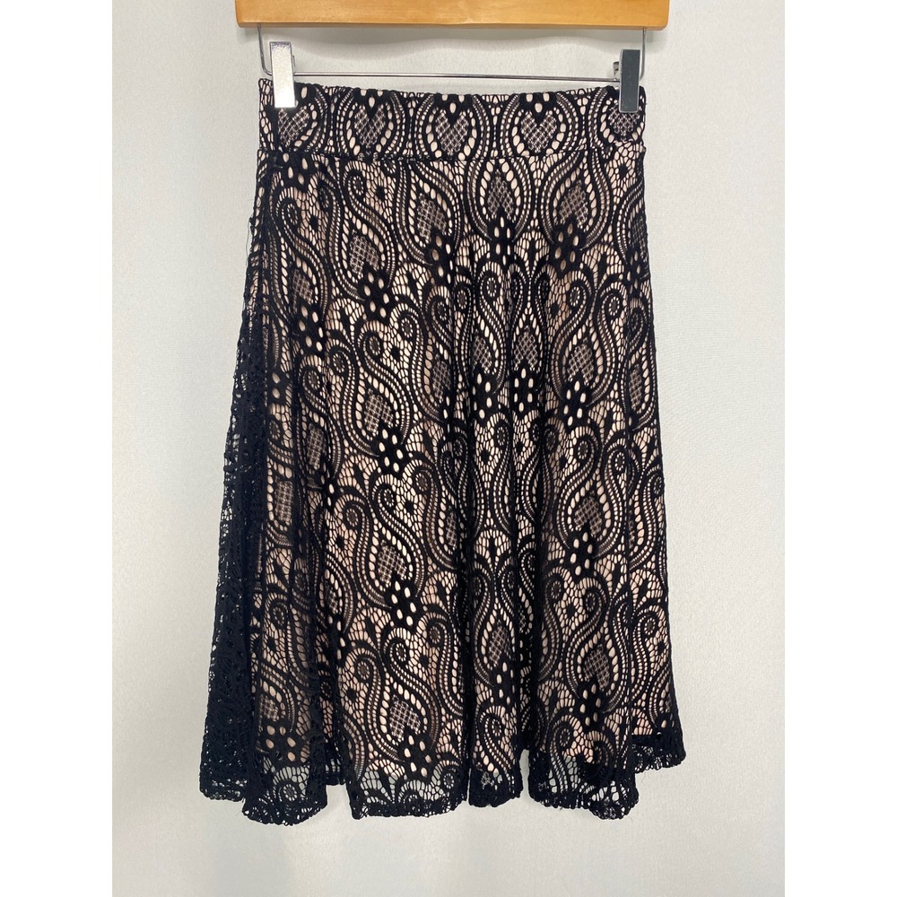 Black Lace A-Line Romantic Skirt Pink Lining Paisley Floral Elastic Waist Medium